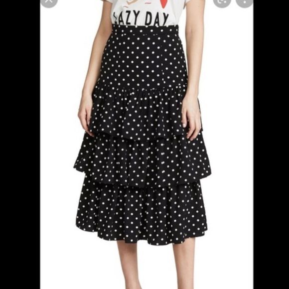 Cinq A Sept Rowena Black White Polka Dot Ruffle Tiered Midi Skirt Size 8 - Picture 9 of 9